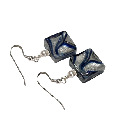 Blue Gray Murano Glass Swarovski® Crystal Pearl Sterling Silver Earrings
