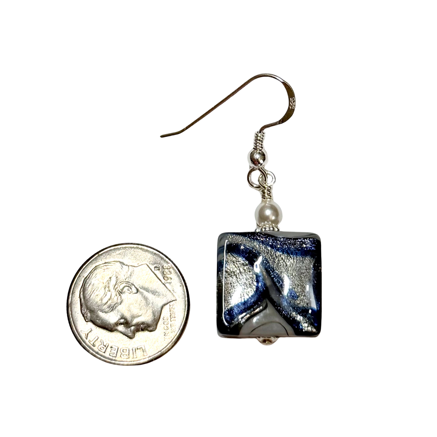 Blue Gray Murano Glass Swarovski® Crystal Pearl Sterling Silver Earrings