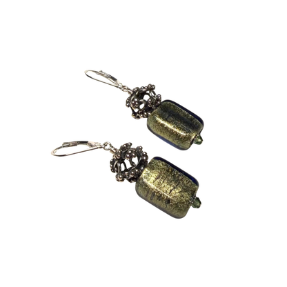 Blue Green Murano Glass Bali Bead Sterling Silver Earrings