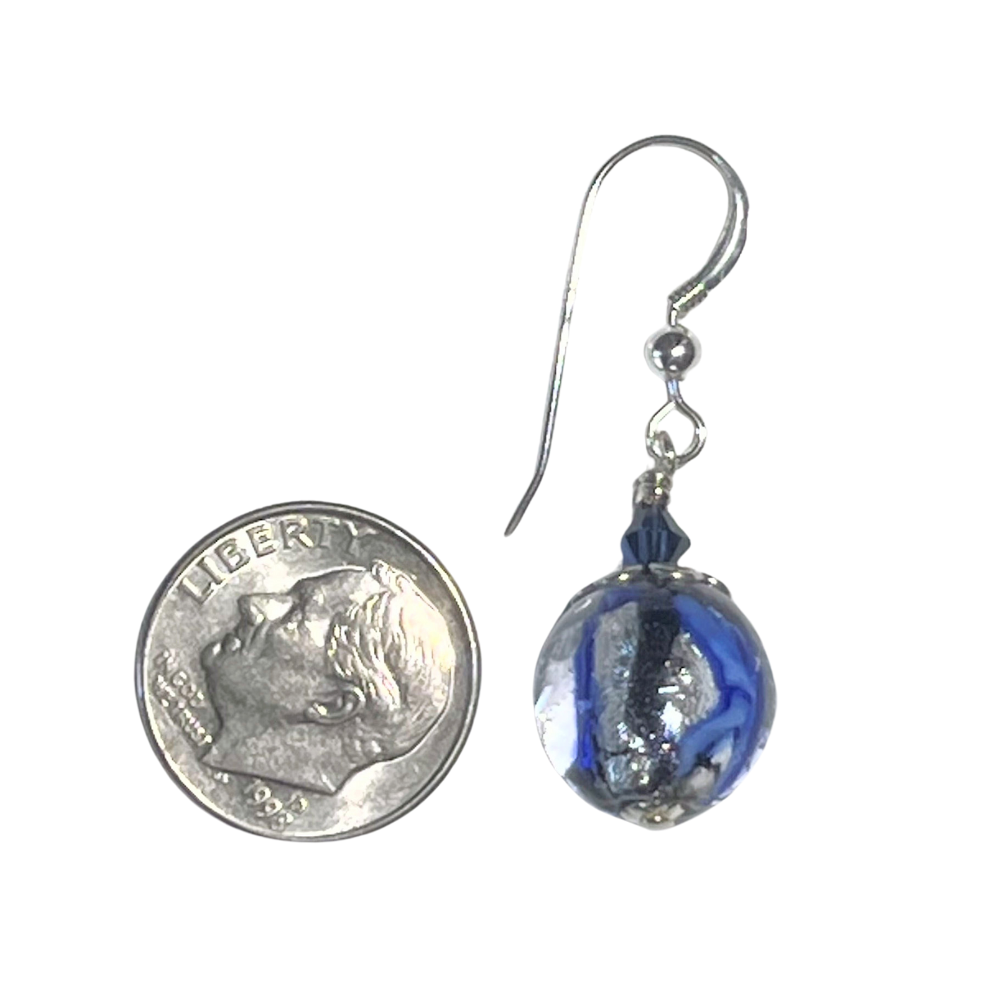 Murano Glass Blue Water Swirl Ball Sterling Silver Earrings
