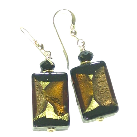 Murano Glass Black Brown Topaz Rectangle Gold Earrings