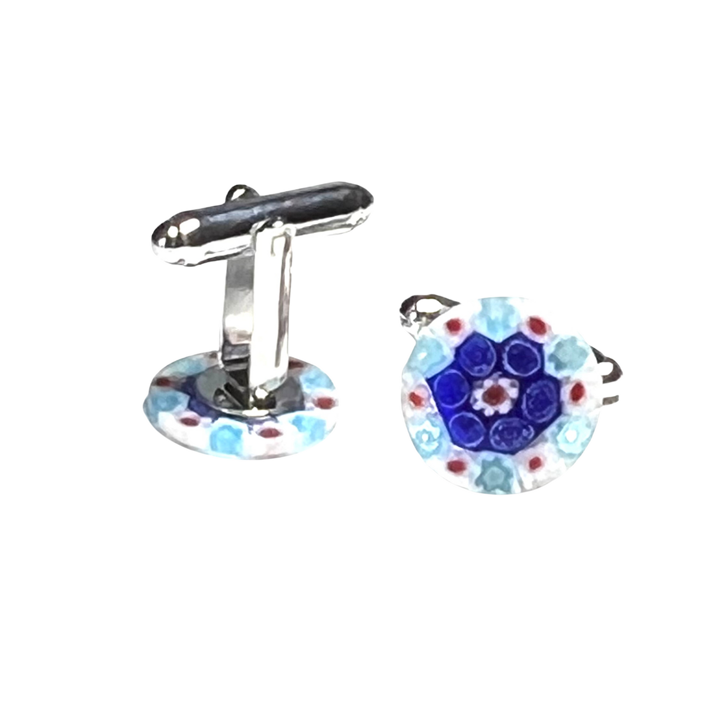 Murano Glass Cobalt Blue and Red Millefiori Cuff Links