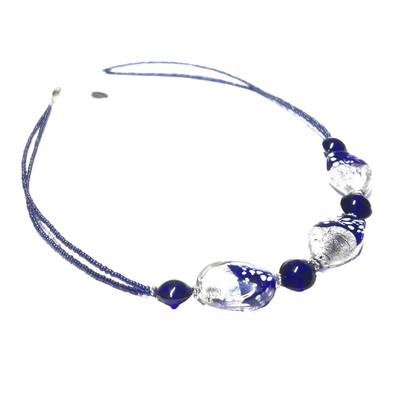 Murano Glass Cobalt Blue Dalmata Stone Silver Necklace