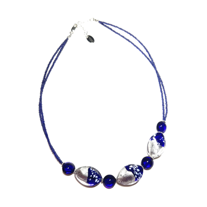 Murano Glass Cobalt Blue Dalmata Stone Silver Necklace