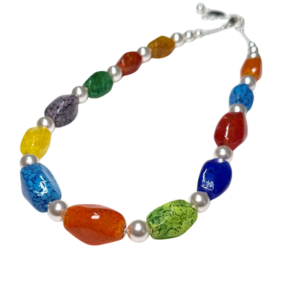 Multicolor Murano Glass Nugget & Swarovski Pearl Sterling Silver Necklace