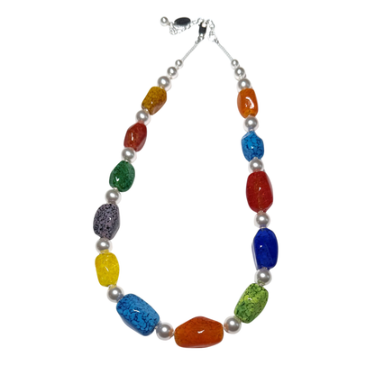 Multicolor Murano Glass Nugget & Swarovski Pearl Sterling Silver Necklace