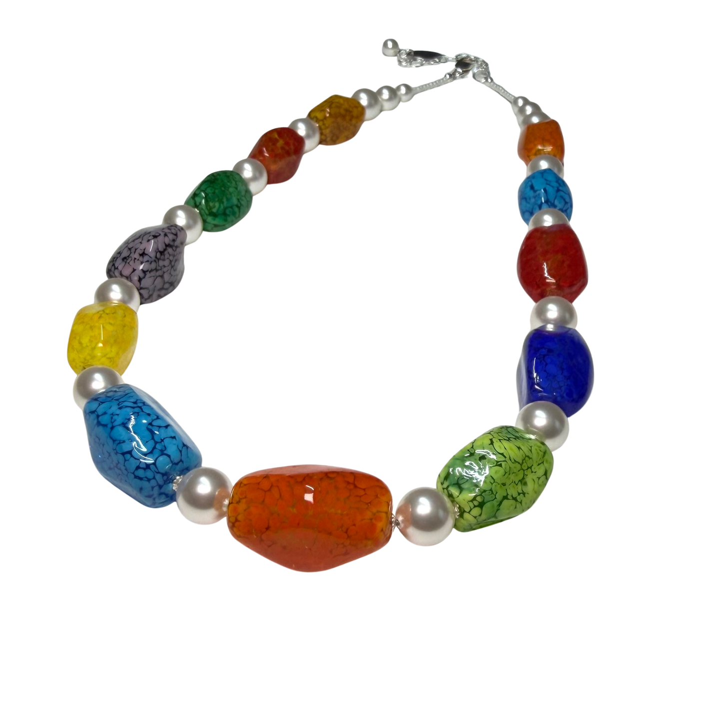 Multicolor Murano Glass Nugget & Swarovski Pearl Sterling Silver Necklace