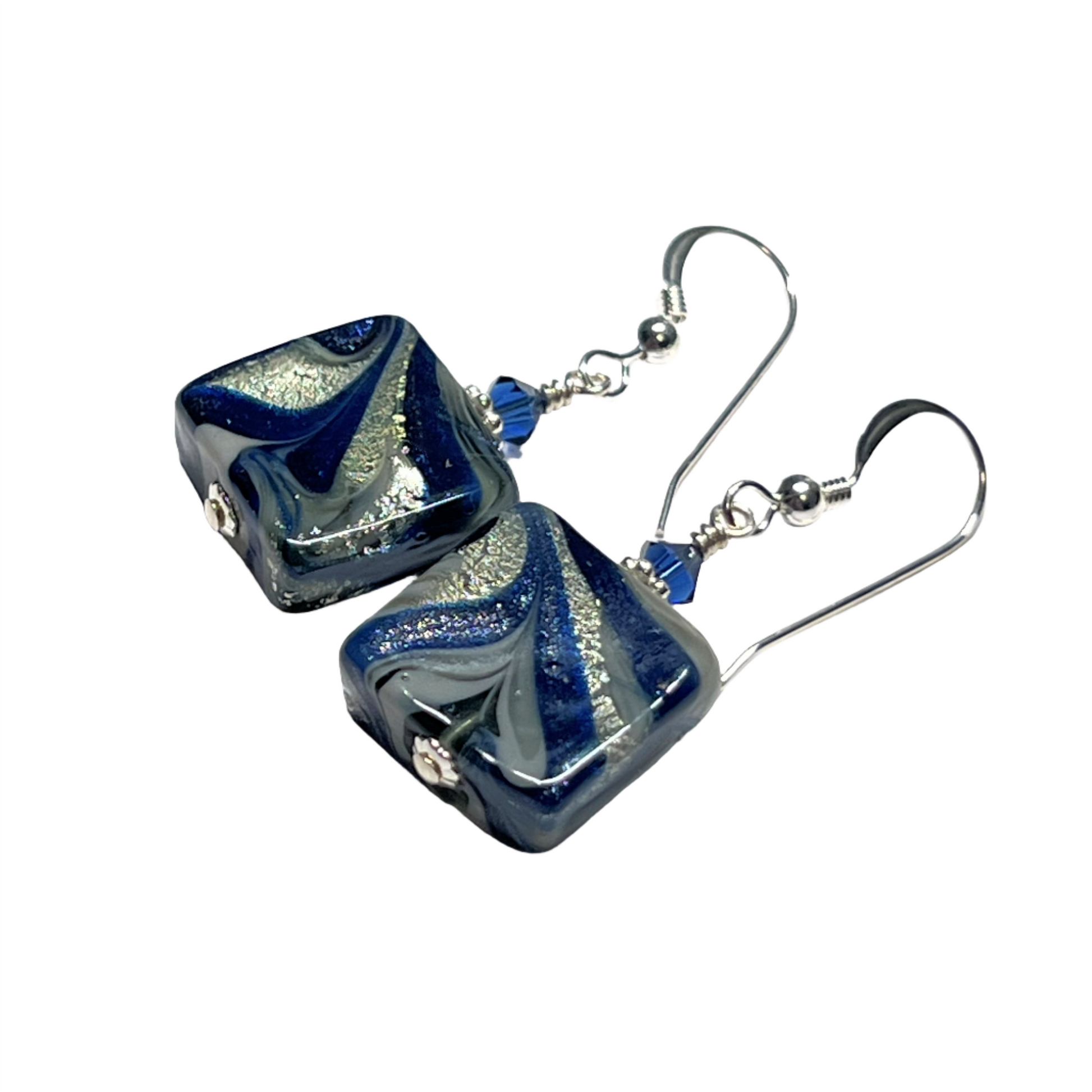 Murano dark blue square swirl silver earrings
