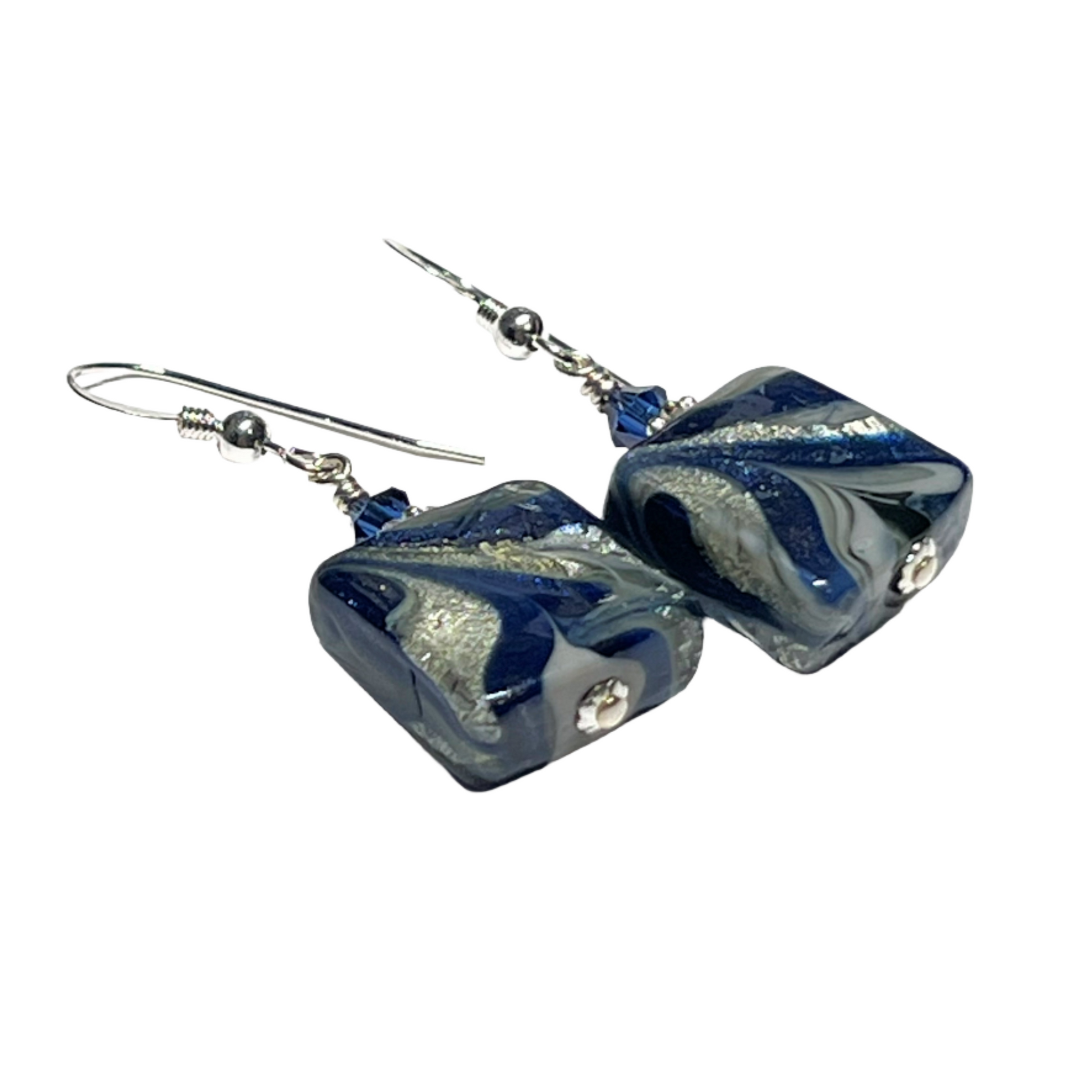 Murano dark blue square swirl silver earrings