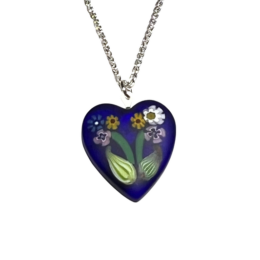 Murano Dark Blue Millefiori Flower Heart Pendant Necklace