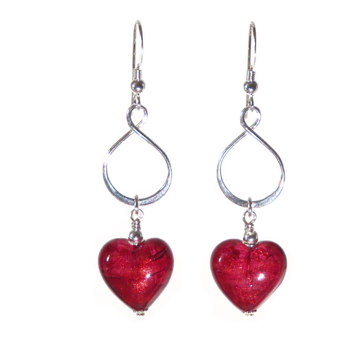 dark pink heart-shaped earrings with silver hooks on a white background