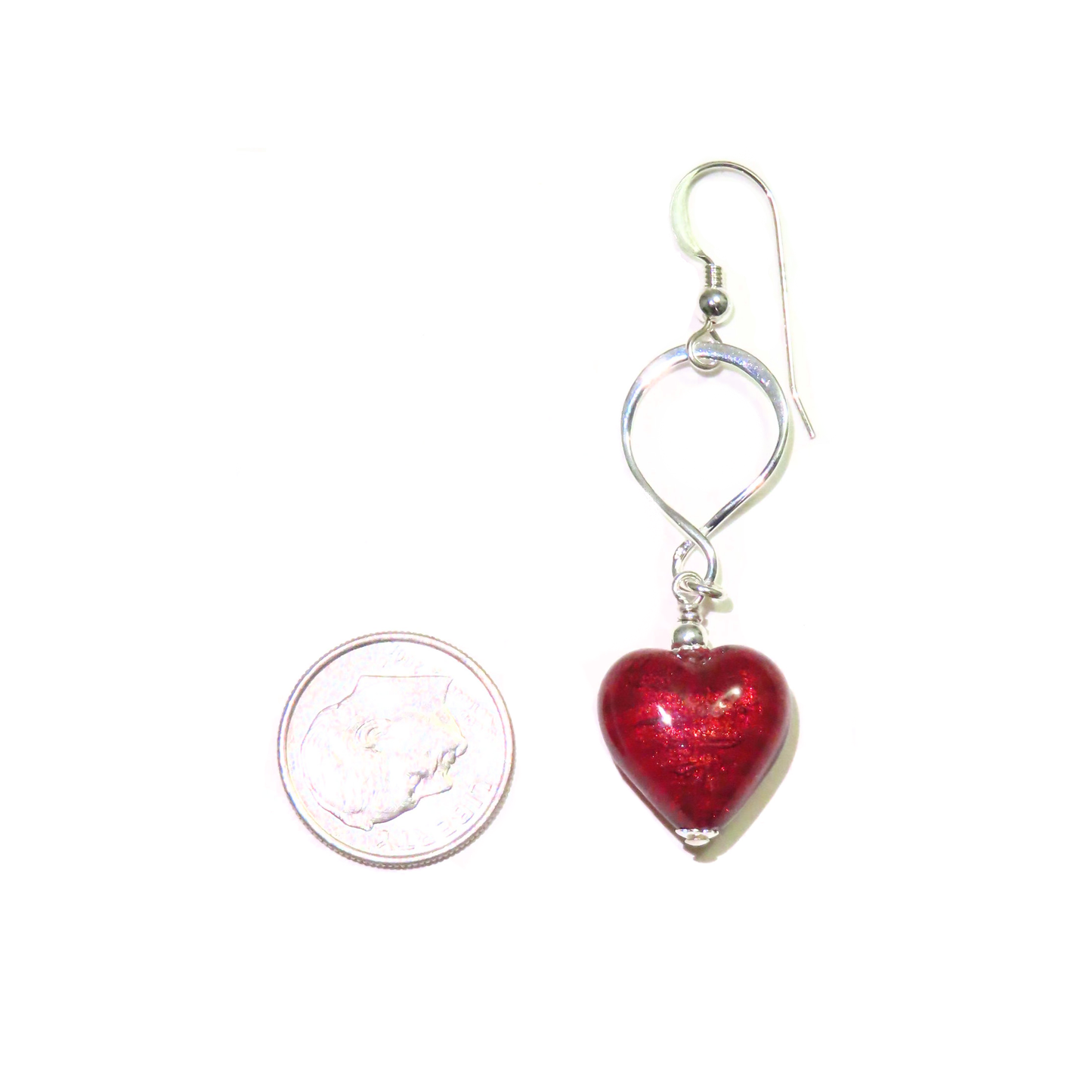Murano Glass Dark Pink Heart Silver Earrings