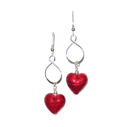 Murano Glass Dark Pink Heart Silver Earrings
