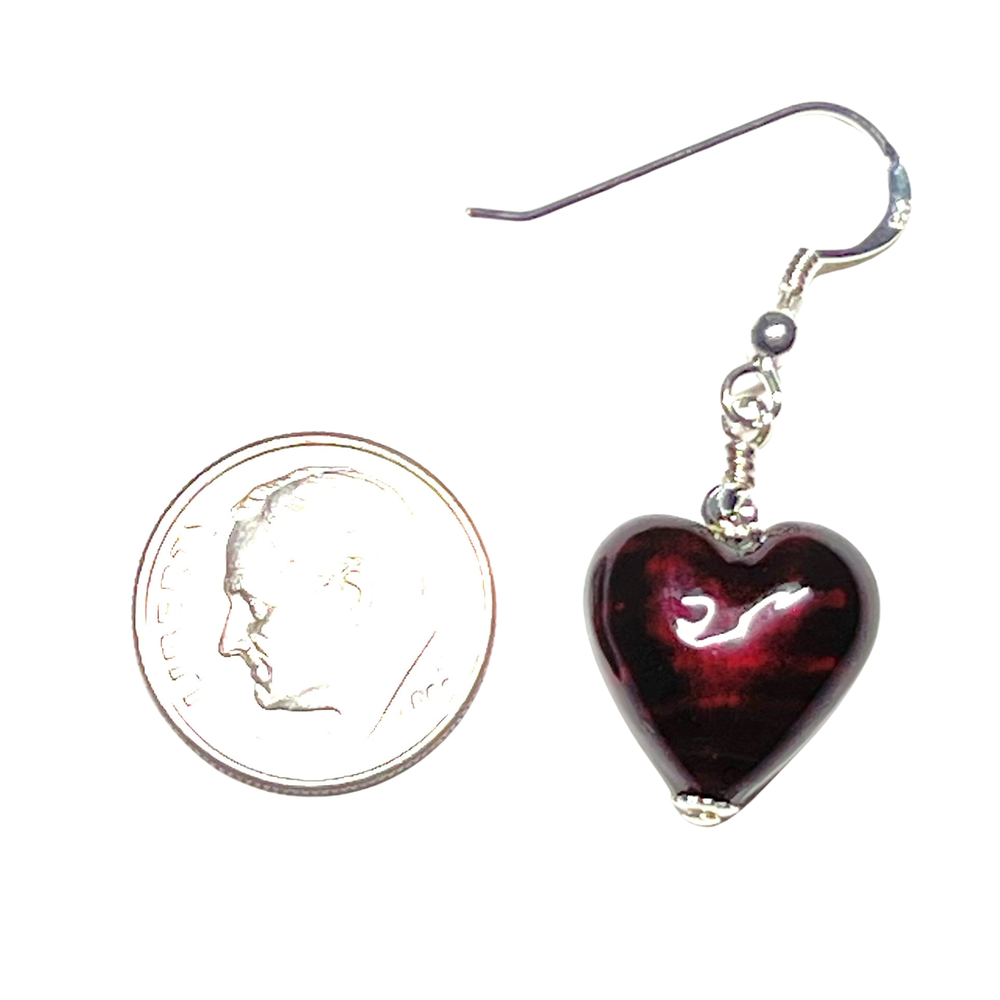 Murano Glass Dark Red Heart Sterling Silver Earrings