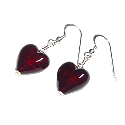 Murano Glass Dark Red Heart Sterling Silver Earrings
