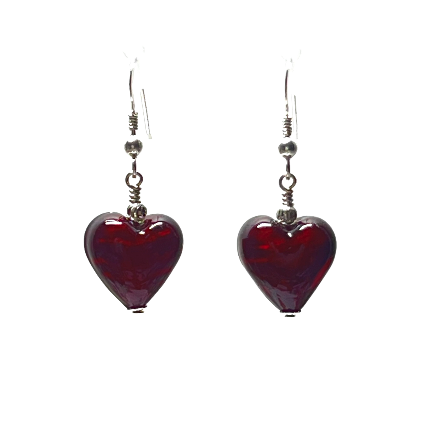 Murano Glass Dark Red Heart Sterling Silver Earrings