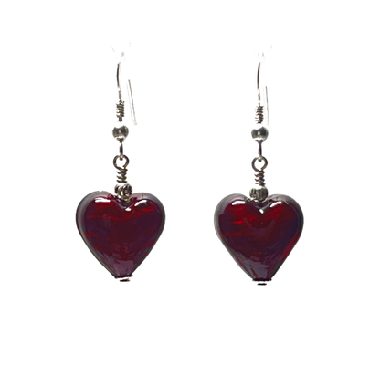 Murano Glass Dark Red Heart Sterling Silver Earrings