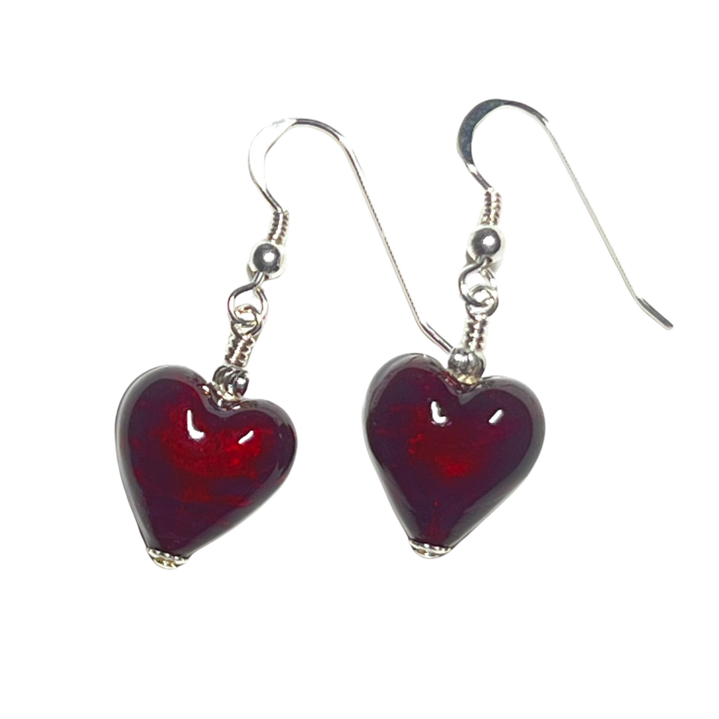 Murano Glass Dark Red Heart Sterling Silver Earrings