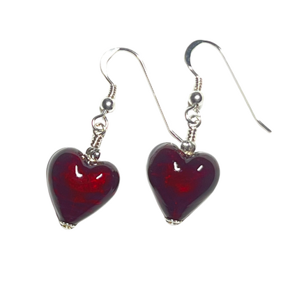 Murano Glass Dark Red Heart Sterling Silver Earrings