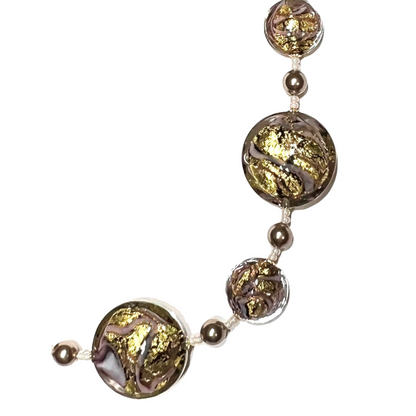 Murano Glass Pink Bronze Swirl Disc Gold Necklace