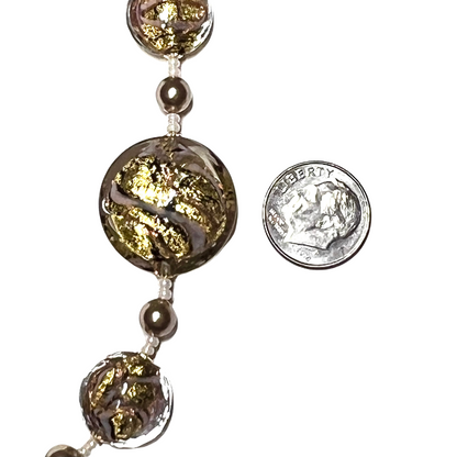 Murano Glass Pink Bronze Swirl Disc Gold Necklace