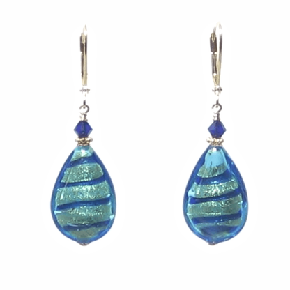 Murano Glass Aqua Blue Stripe Flat Teardrop Gold Earrings