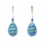 Murano Glass Aqua Blue Stripe Flat Teardrop Gold Earrings - JKC Murano