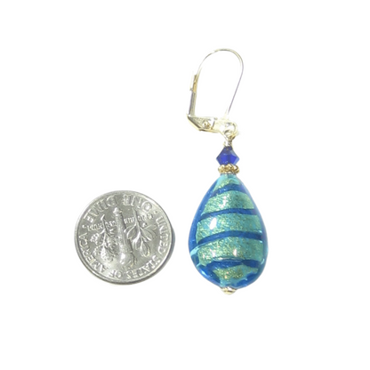 Murano Glass Aqua Blue Stripe Flat Teardrop Gold Earrings - JKC Murano
