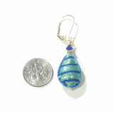 Murano Glass Aqua Blue Stripe Flat Teardrop Gold Earrings - JKC Murano