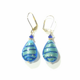 Murano Glass Aqua Blue Stripe Flat Teardrop Gold Earrings - JKC Murano