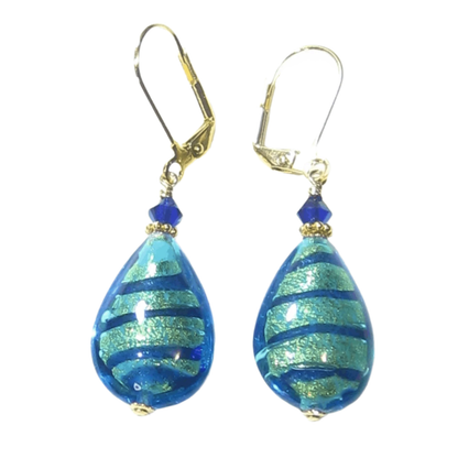 Murano Glass Aqua Blue Stripe Flat Teardrop Gold Earrings