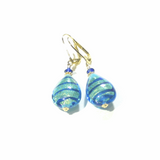 Murano Glass Aqua Blue Stripe Flat Teardrop Gold Earrings - JKC Murano