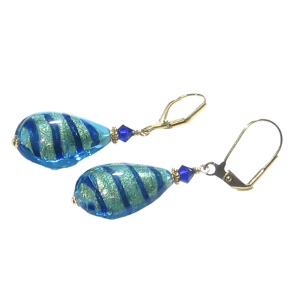 Murano Glass Aqua Blue Stripe Flat Teardrop Gold Earrings - JKC Murano
