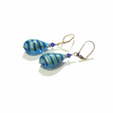 Murano Glass Aqua Blue Stripe Flat Teardrop Gold Earrings - JKC Murano