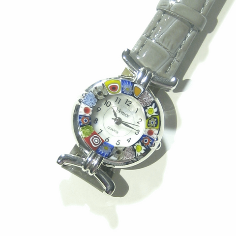 Italian Murano Glass Millefiori Chrome Gray Leather Band Watch - JKC Murano
