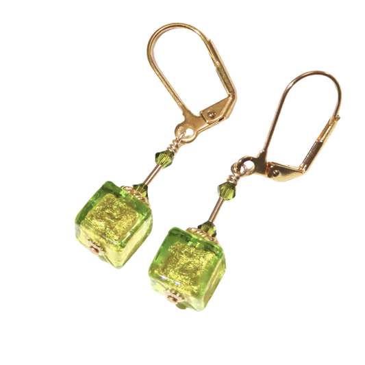 Murano Glass Lime Green Cube Gold Earrings by JKC Murano
