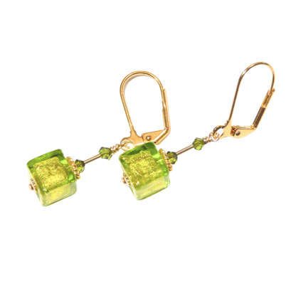Murano Glass Lime Green Cube Gold Earrings by JKC Murano