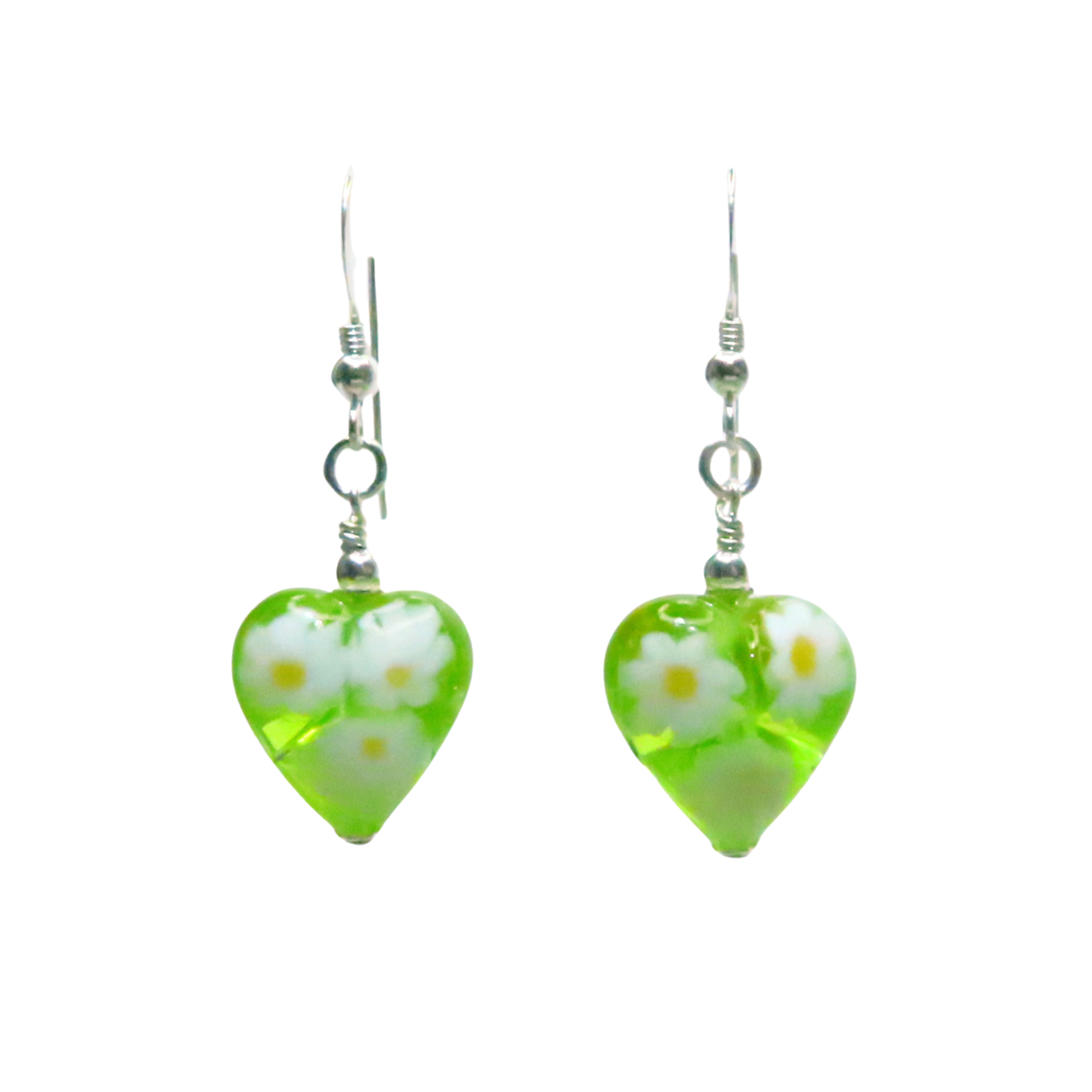 a pair of green glass heart shaped earrings