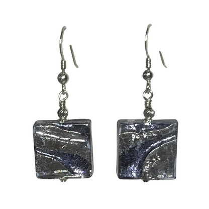 Murano Blue Ink Swirl Square Silver Earrings