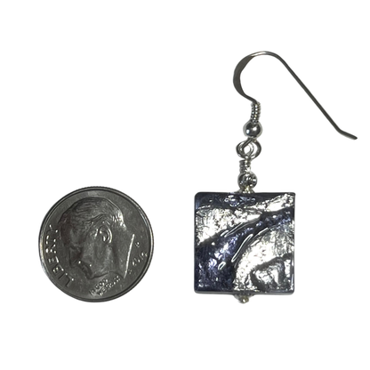 Murano Blue Ink Swirl Square Silver Earrings