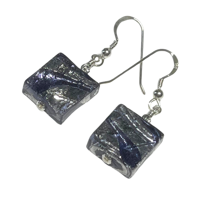 Murano Blue Ink Swirl Square Silver Earrings