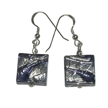 Murano Blue Ink Swirl Square Silver Earrings