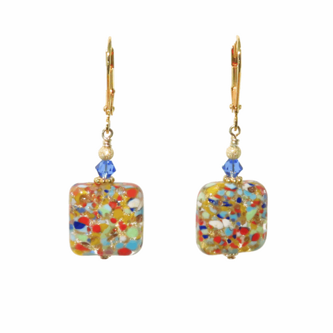 Murano Colorful Klimt Square Gold Earrings by JKC Murano