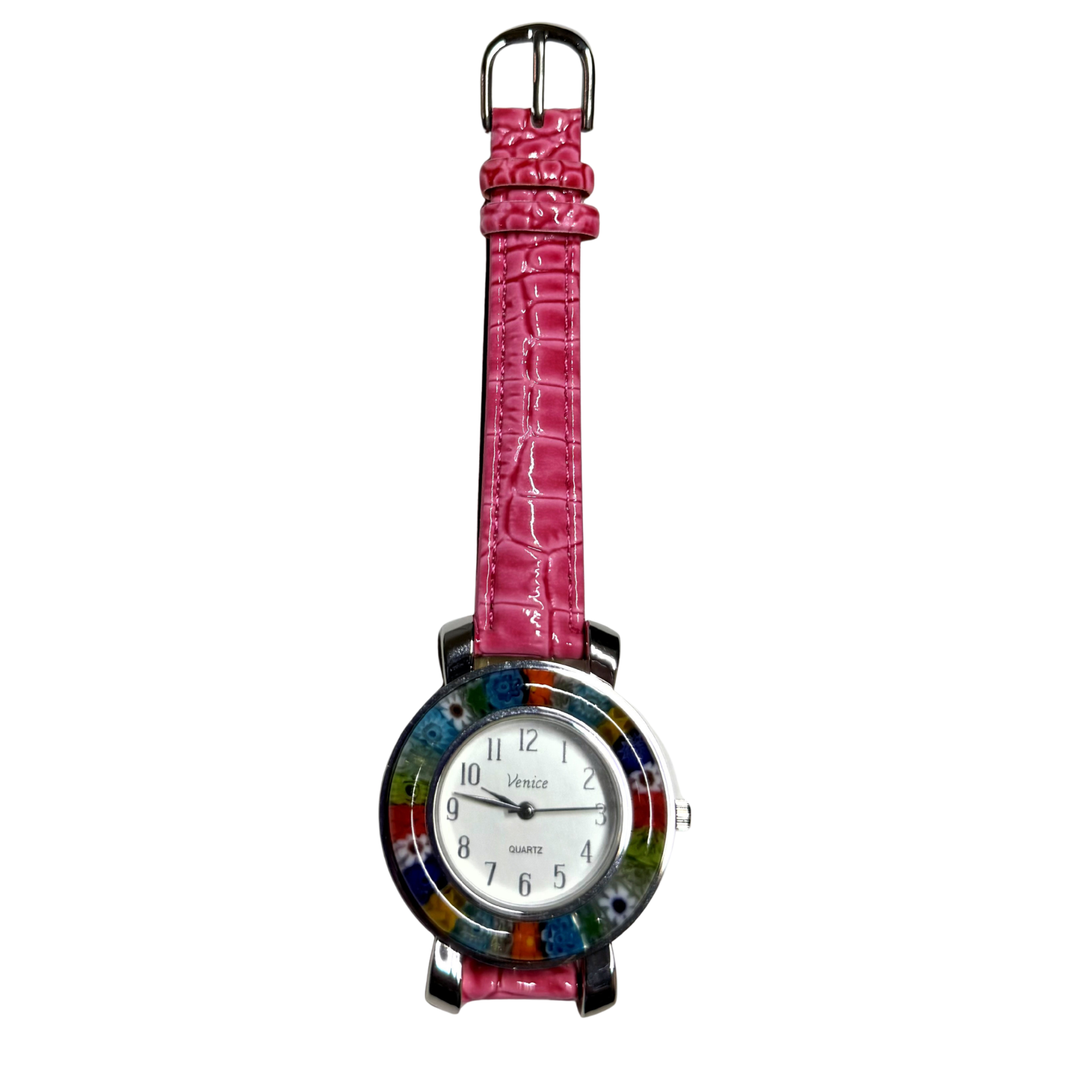 A women's watch featuring a vibrant pink crocodile-embossed strap and a round, multicolored mosaic bezel with a white dial.
