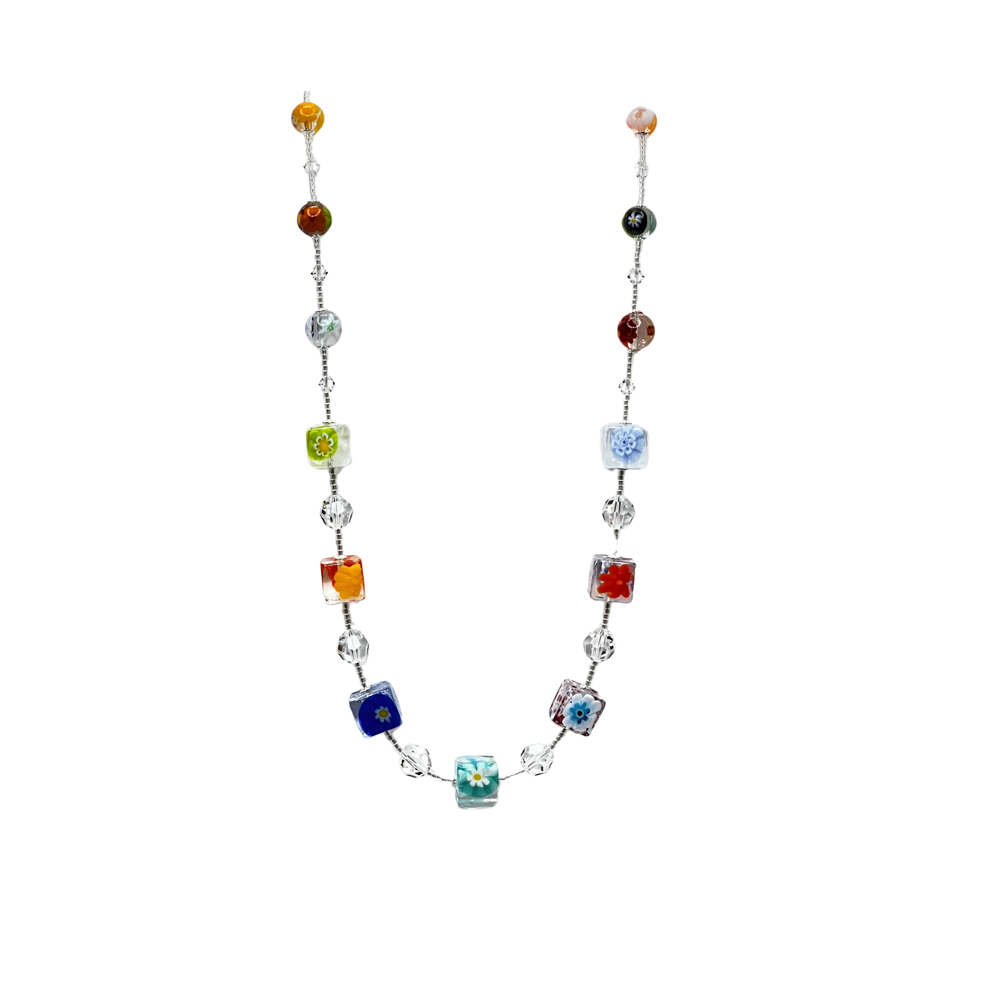 a multicolored glass beaded necklace on a white background