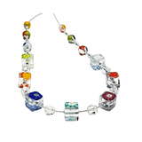 a multicolored glass beaded necklace on a white background