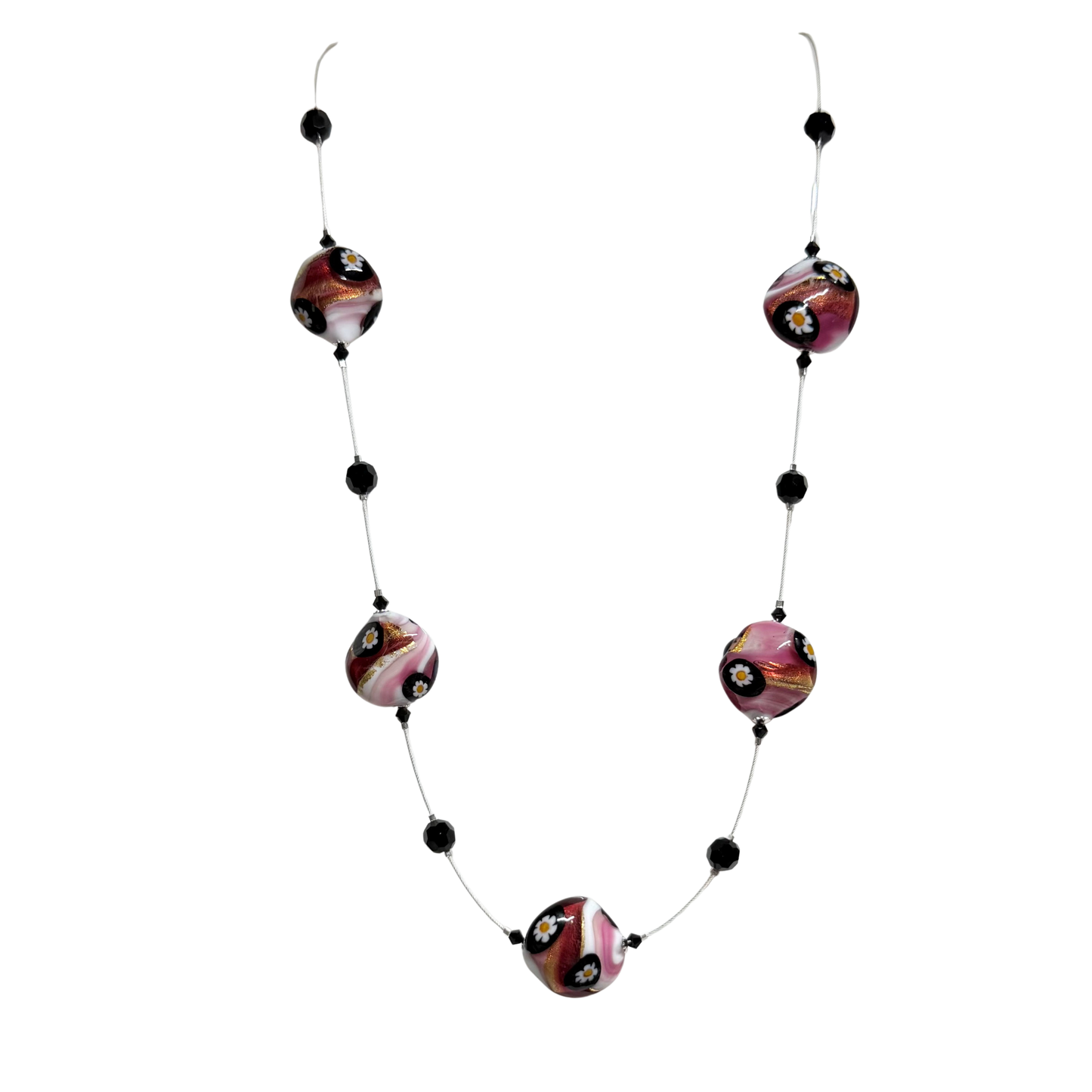 Necklace with multicolored beads on a white background