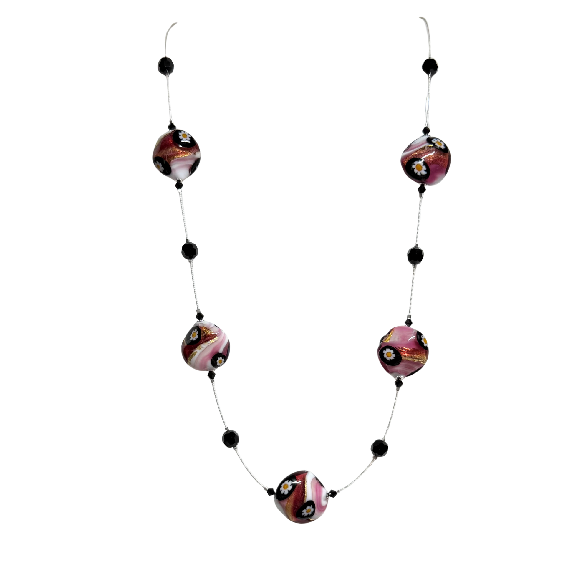 Necklace with multicolored beads on a white background