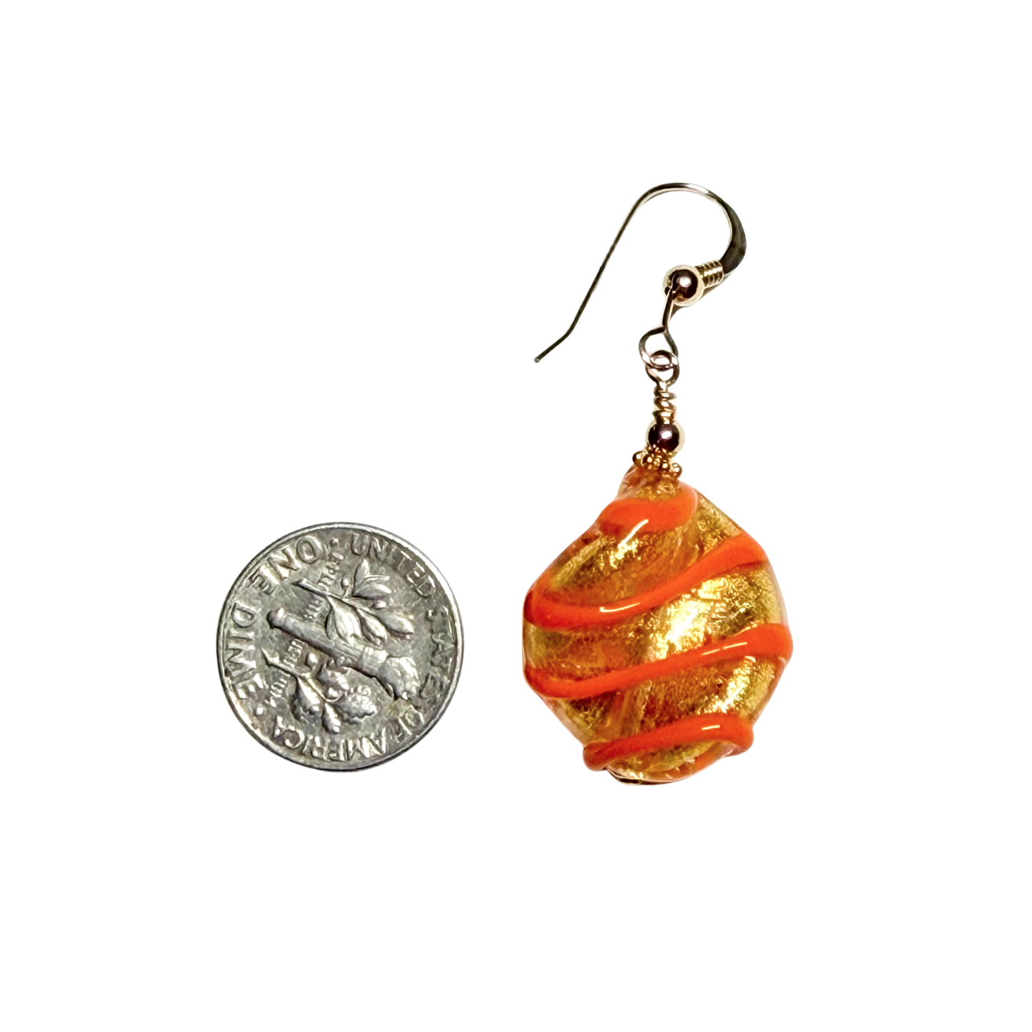 Boucles d'oreilles Murano en verre torsadé orange et or