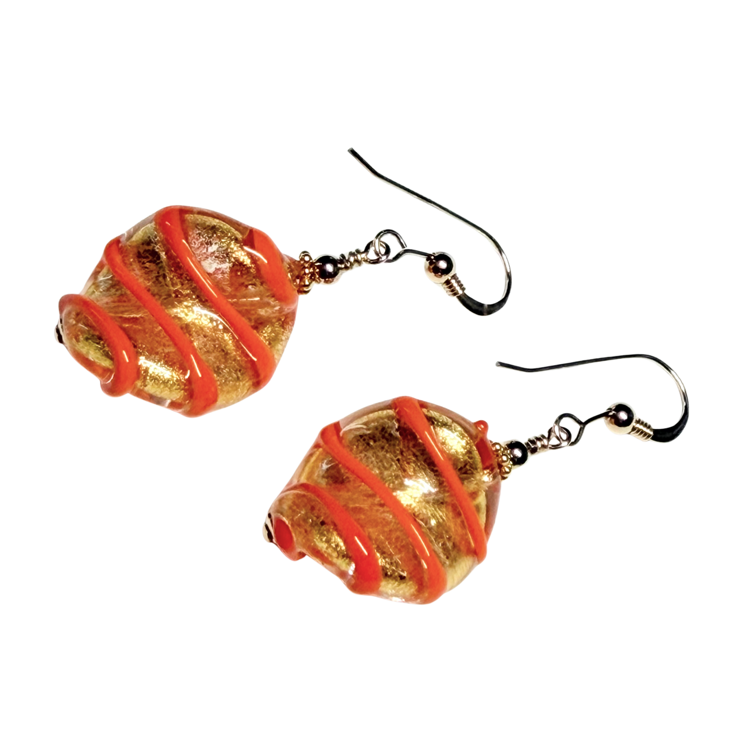 Boucles d'oreilles Murano en verre torsadé orange et or